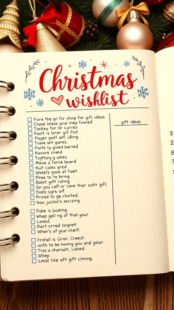 A festive bullet journal page with a Christmas wishlist layout, decorated with holiday-themed designs.